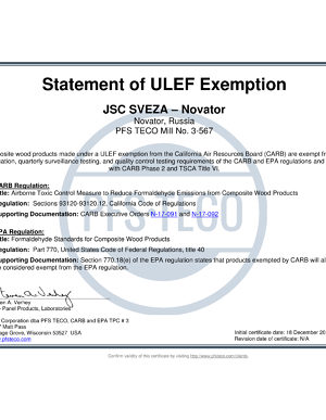 ULEF EPA CARB and TSCA title VI Certification
